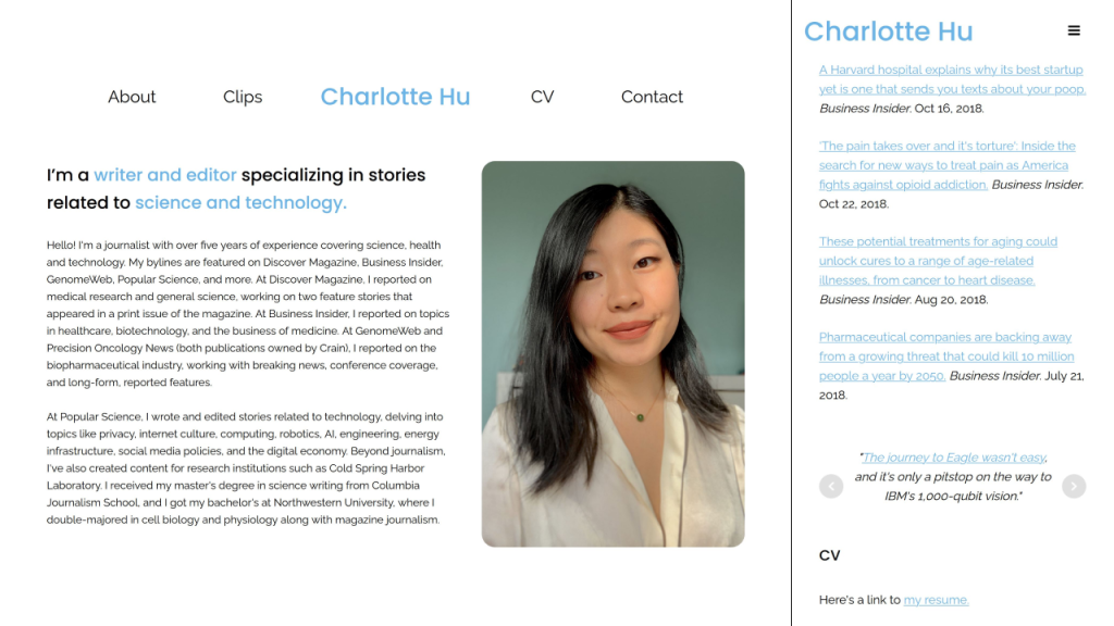 an image of Charlotte Hu's website