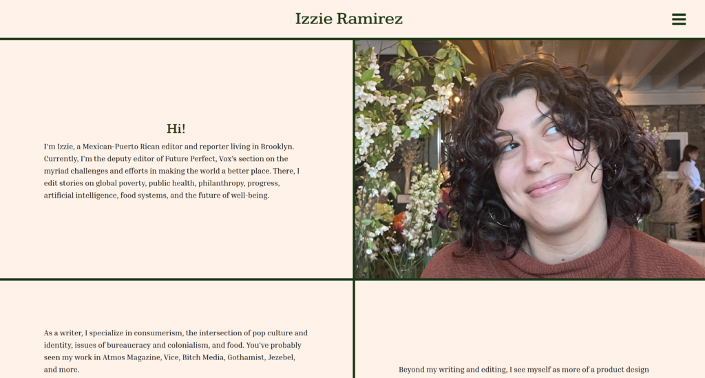 A screenshot of Izzie Ramirez's website