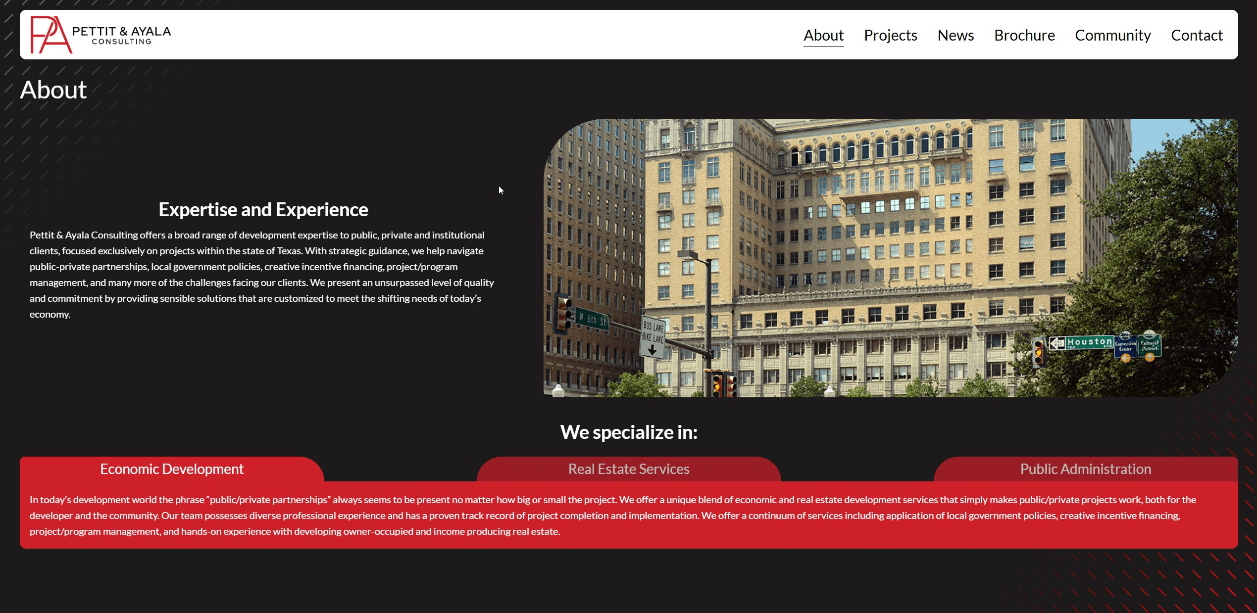 A screenshot of the About page for Pettit and Ayala Consulting