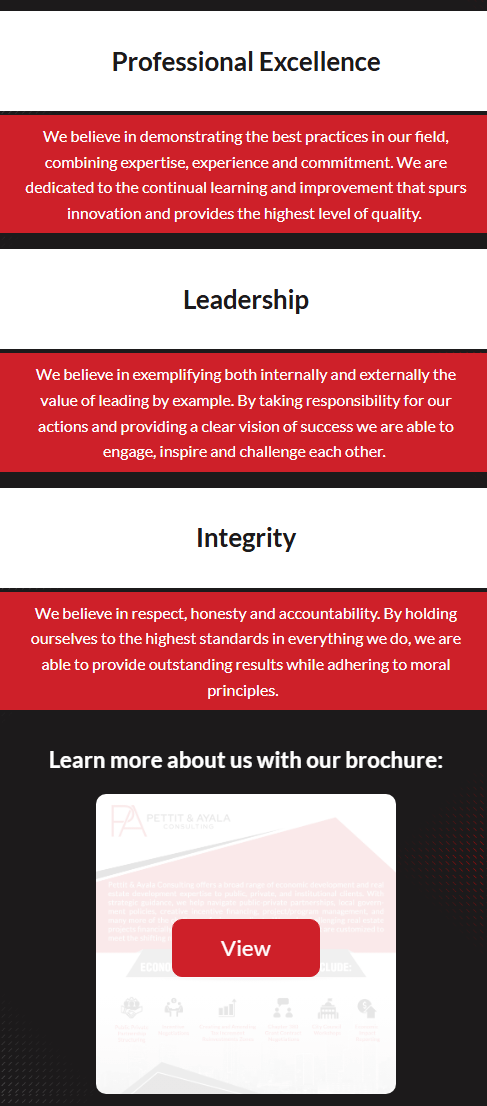 A screenshot of the landing for the mobile version of the Pettit and Ayala Consulting site