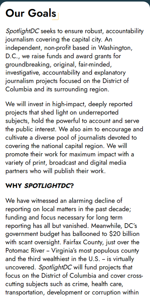 A mobile screenshot of the Our Goals page for SpotlightDC