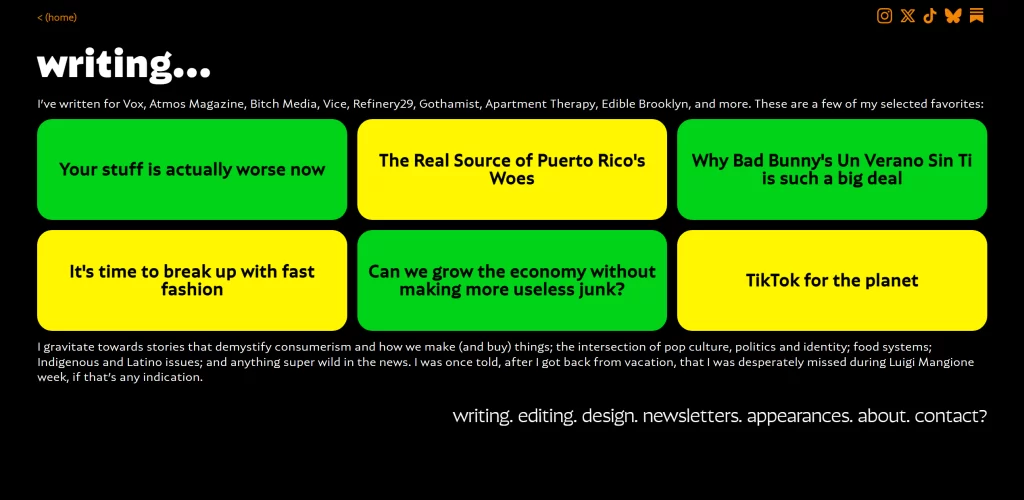 The Writing page of Izzie Ramirez's site