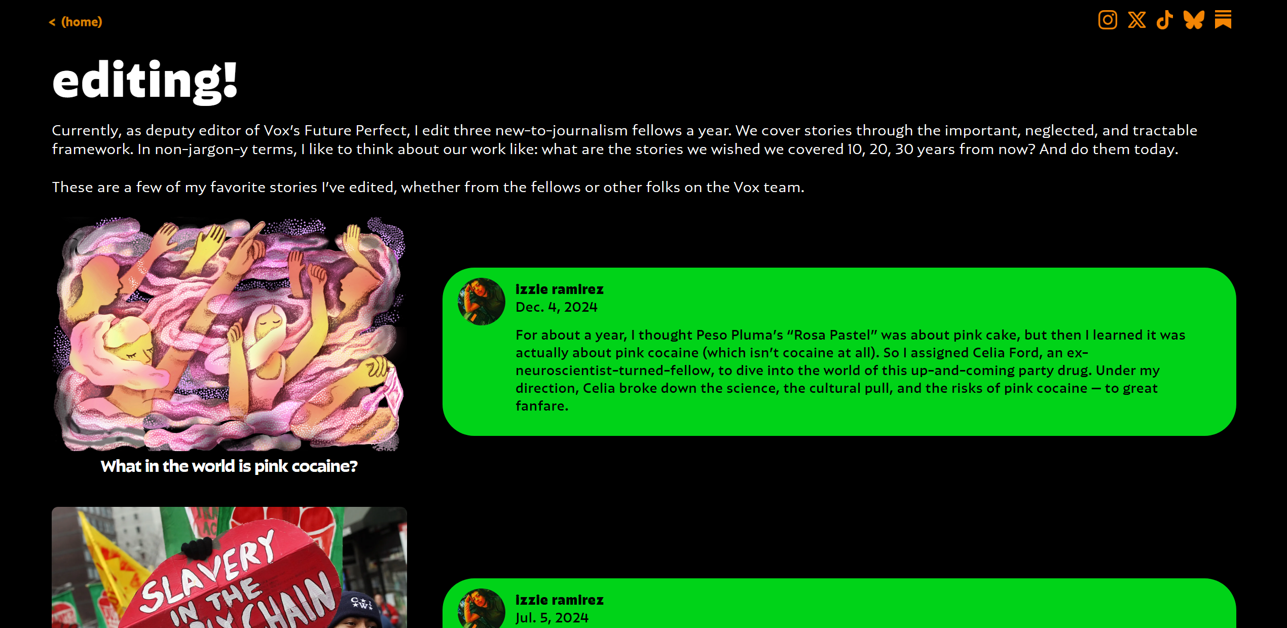 A screenshot of the Editing page on Izzie Ramirez's site