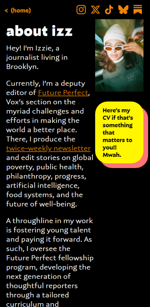 A mobile screenshot of the About page on Izzie Ramirez's site