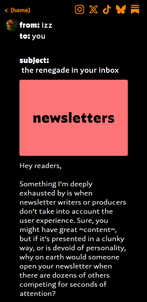 A mobile screenshot of the Newsletters page on Izzie Ramirez's site