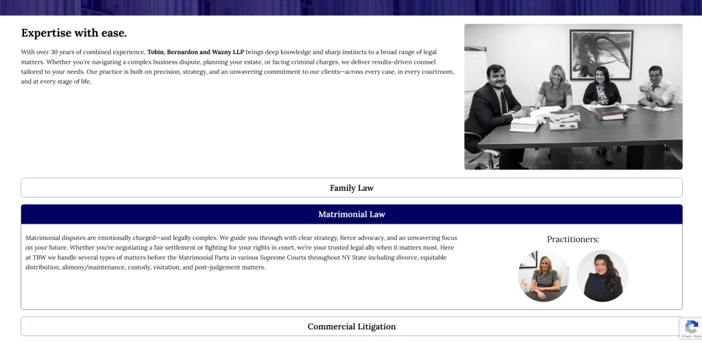 The Practice Areas page for Tobin, Bernardon and Wazny LLP