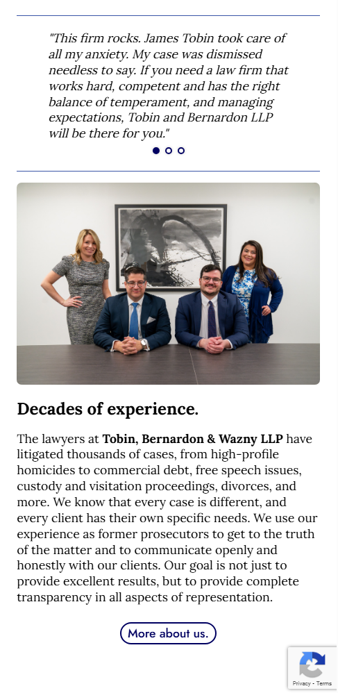 A screenshot of the home page for Tobin, Bernardon and Wazny LLP